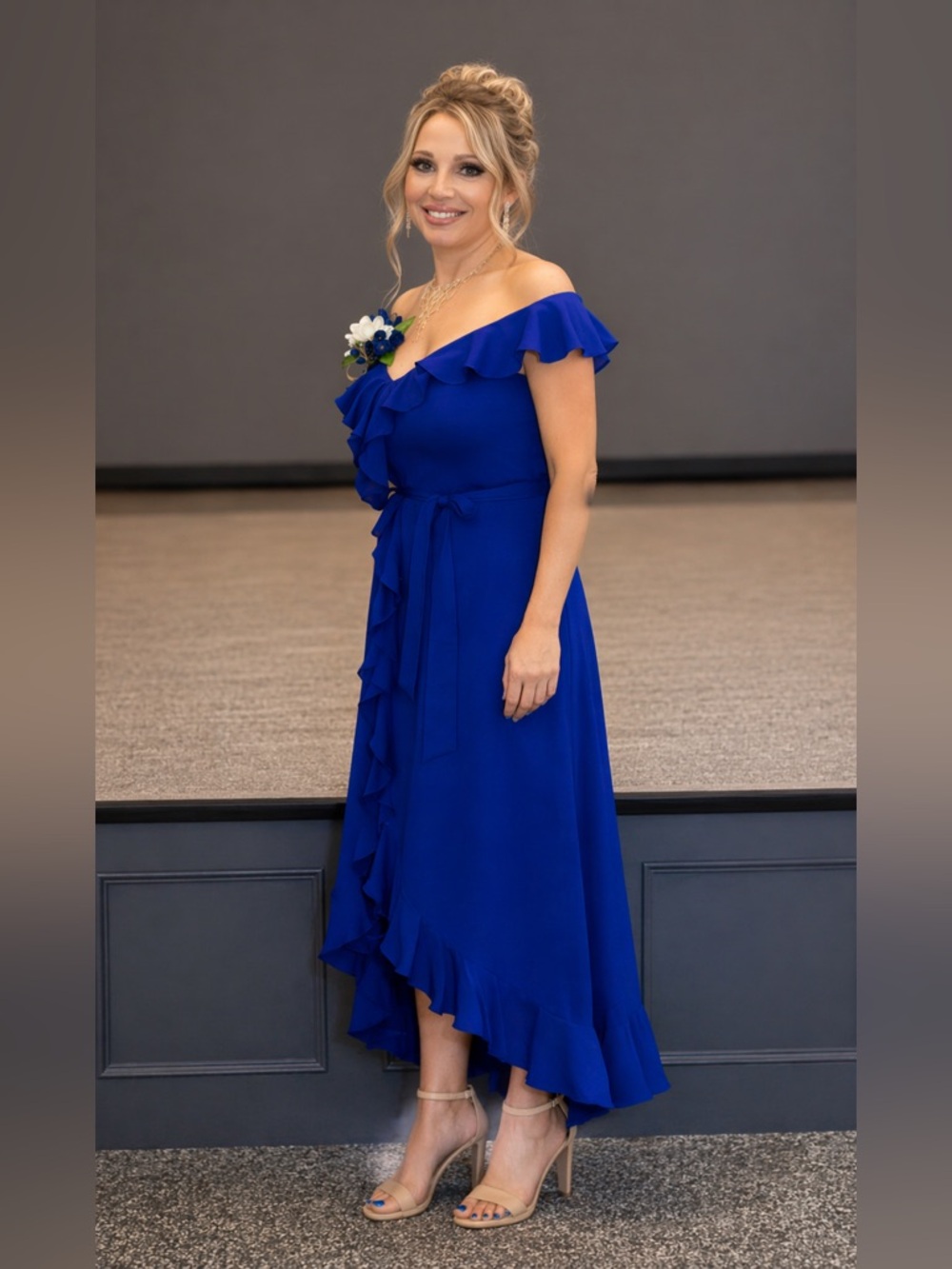 DKNY Off-Shoulder Ruffle Wrap Midi Dress in Royal Blue